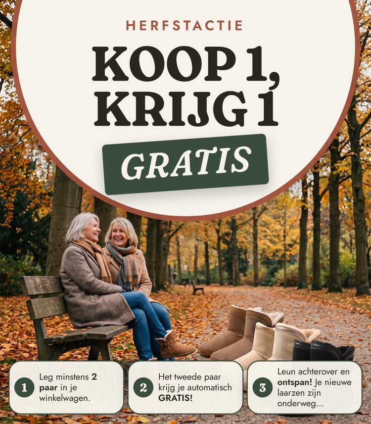 Herfstactie: koop 1, krijg 1 gratis. Leg minstens 2 paar in je winkelwagen, het tweede paar krijg je automatisch gratis.