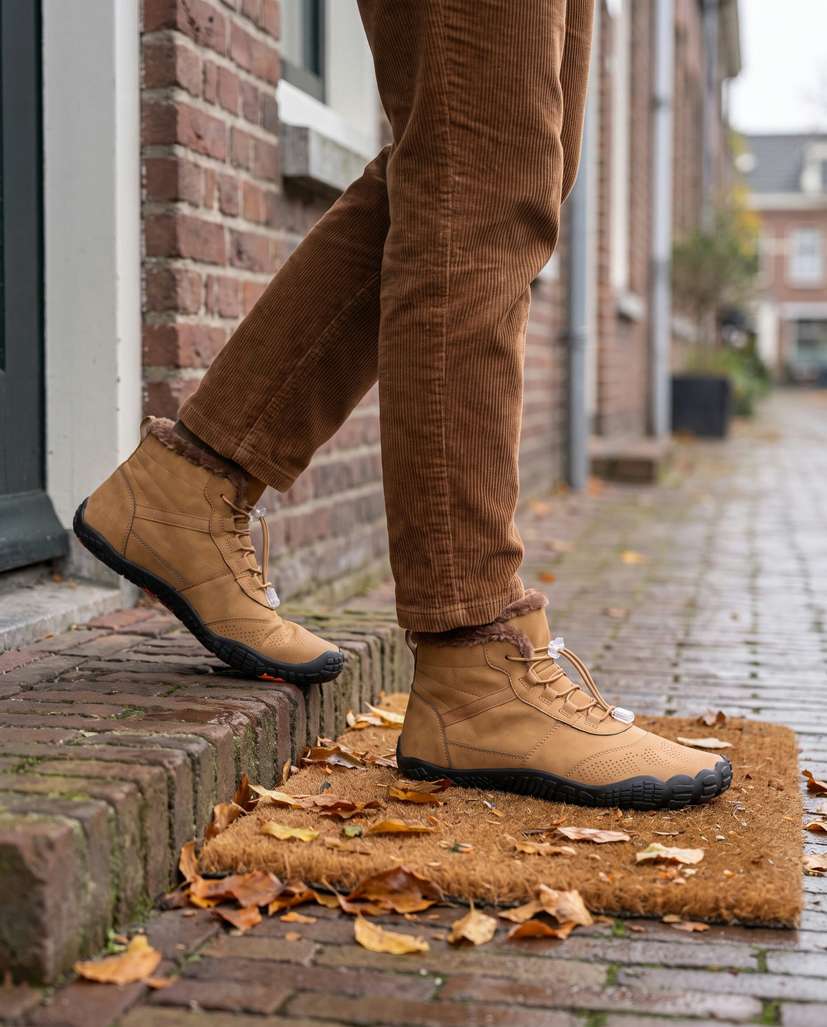 Haard winterboot gedragen buiten op de stoep van een rijtjeshuis