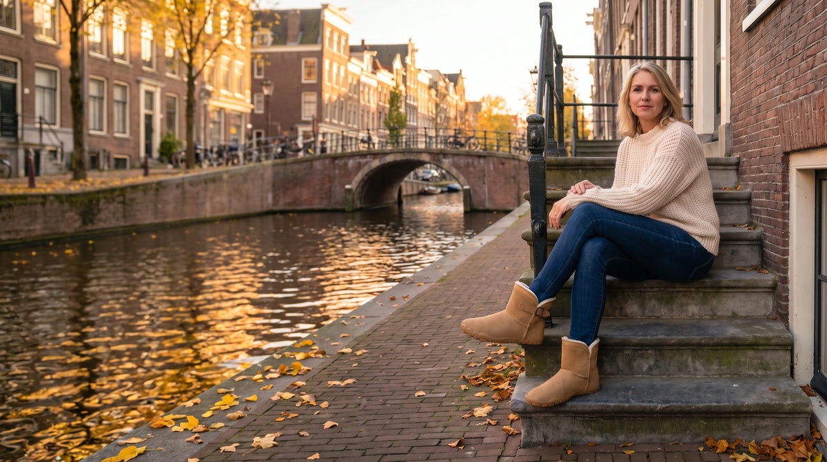 Vrouw op de stoep van een grachtenpand in de herfst, met bruine Snug Boots