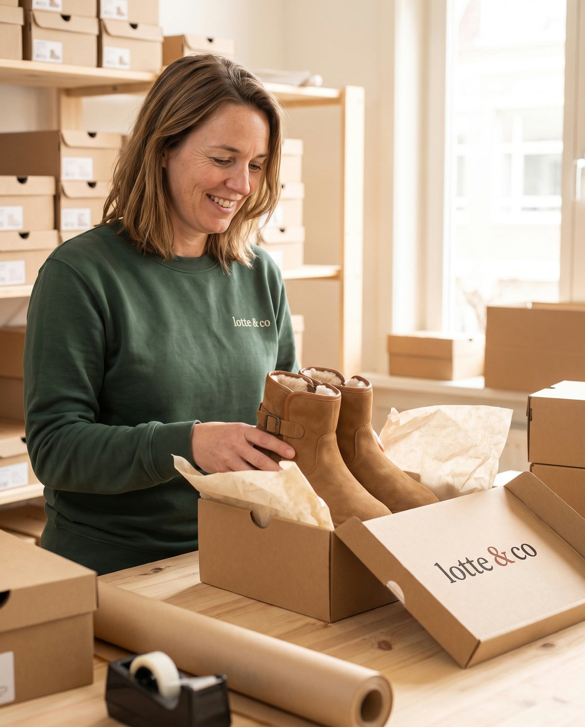 Lotte pakt een paar Snug Boots in een Lotte & Co-doos