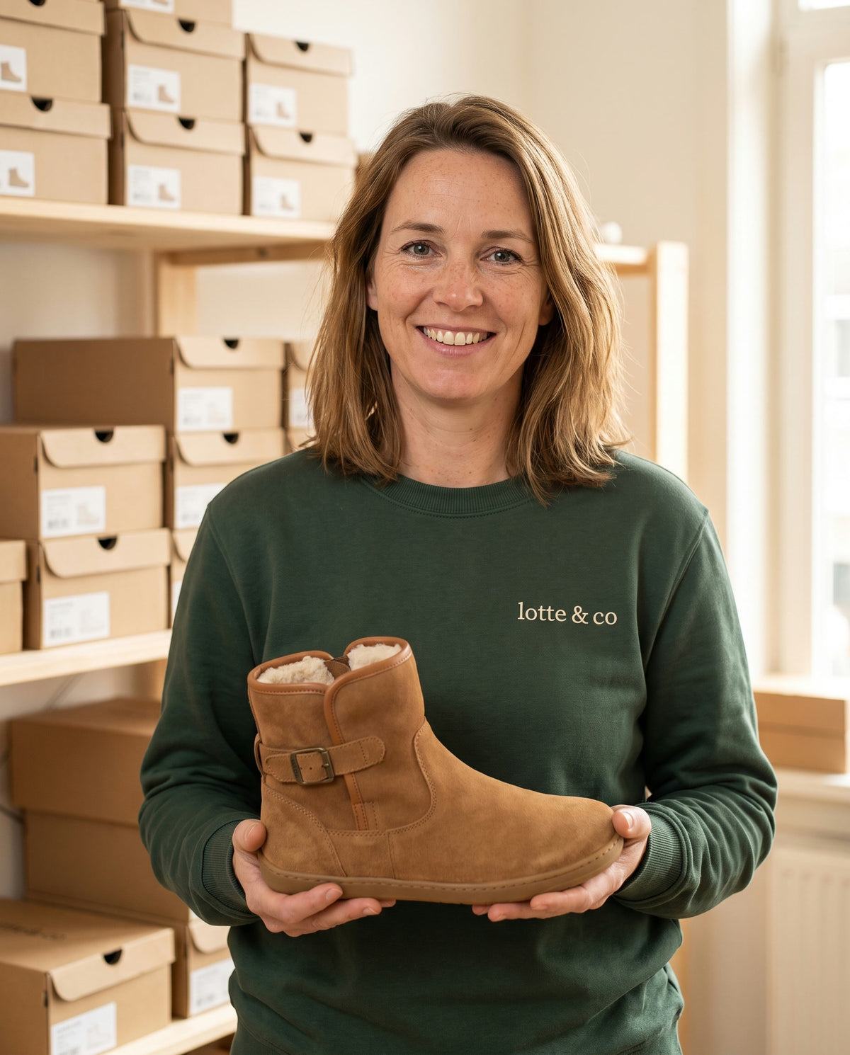 Lotte, oprichter van Lotte & Co, met een Snug Boot in haar handen