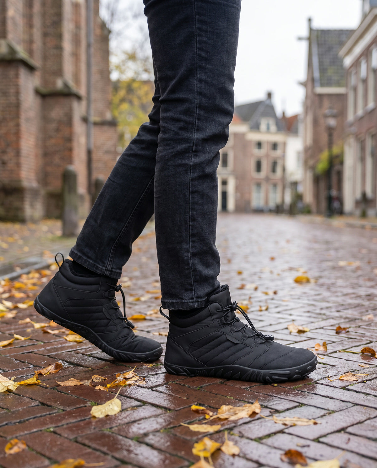 Mist winterboot gedragen buiten op een natte straat met rode klinkers en herfstbladeren