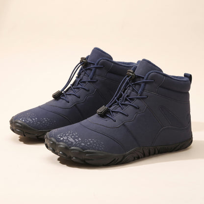 Pluis winterboot in blauw, paar van opzij