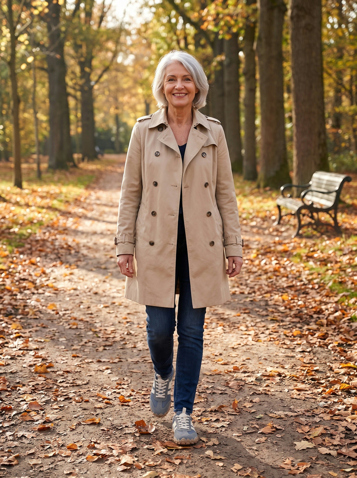 Vrouw van in de zestig loopt in de herfst door het park met de blauwe Noor
