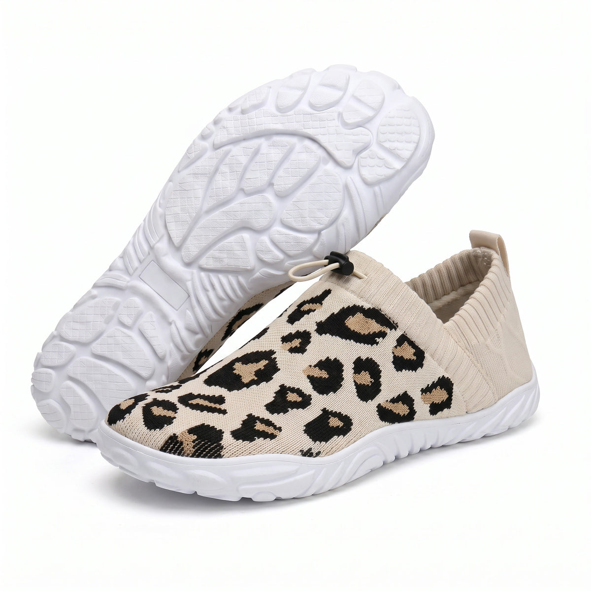 Wolk gebreide barefoot instapper met luipaardprint